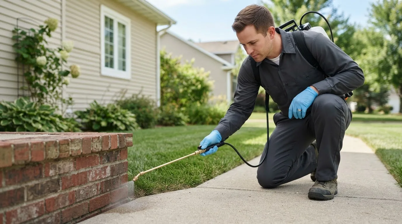 Pest control technician treating a home near Greenfield, MA