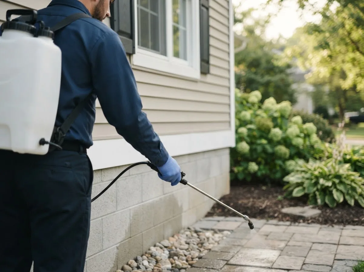 Pest control technician inspecting a home in Greenfield, MA